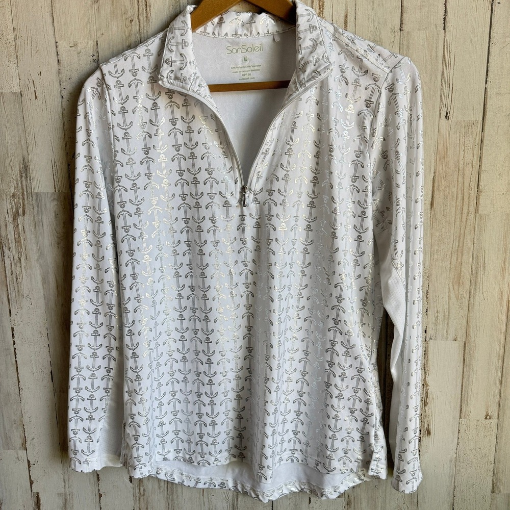 SanSoleil Womens L SolCool White Anchors Away Long Sleeve Top UPF 50 Quarter Zip